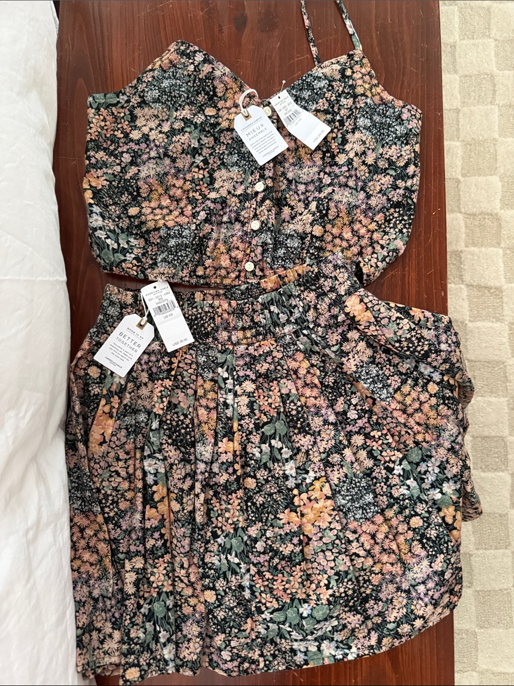 Floral Button-Front Two-Piece Set in Black & Pink